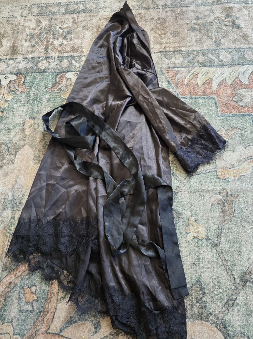 Sheer Black Lace-Trim Satin Robe with Tie Belt